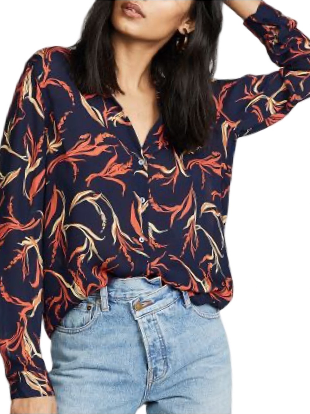 L’Agence Women's Size XS Navy Red Floral Nina Silk Button Up Blouse Shirt